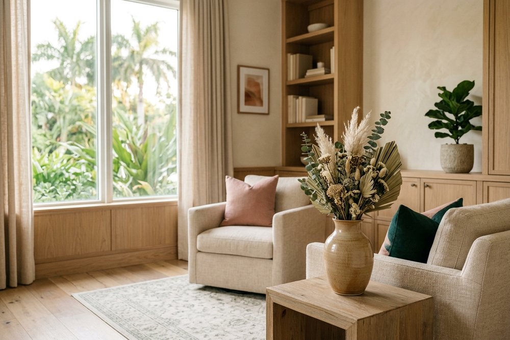 A calm, reassuring Miami consultation room with warm wood and greenery