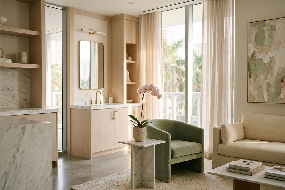 Sunlit Miami consultation studio with marble surfaces and warm wood textures
